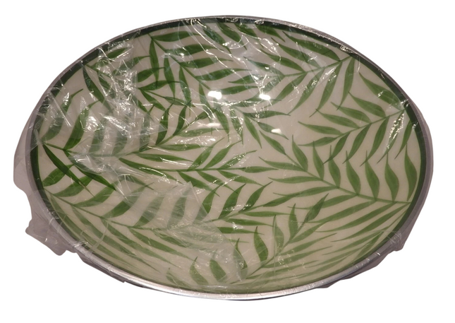 Boho Traders Round Bowl Palm Leaf Design Aluminium Round Bowl, Medium, Green/Whi
