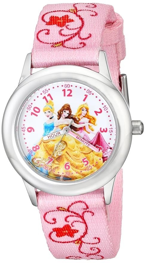 Disney Kids W001803 Princess Stainless Steel Plain Case With Printed Strap Watch
