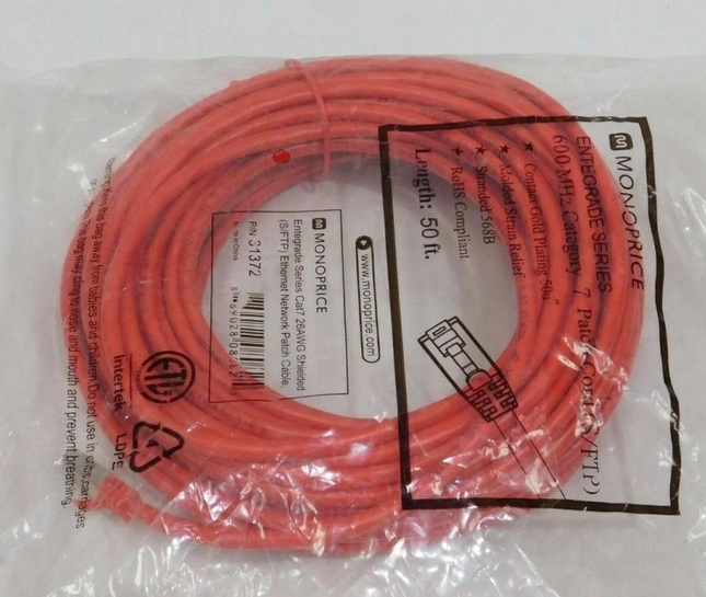 Monoprice Cat7 Ethernet Network Patch Cable - 50 feet - Orange | 26AWG, Shielded
