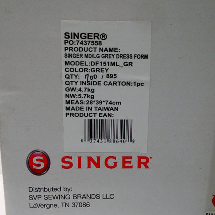 SINGER Female Adjustable Gray Dress Form Fits Sizes 10-18 Pinnable Mannequin Bod