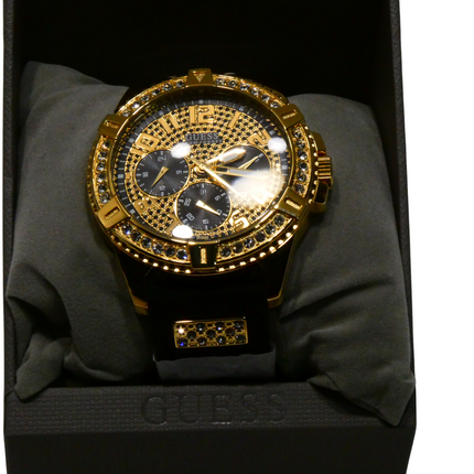 GUESS Comfortable Gold-Tone Black Stain Resistant Silicone Watch with Crystal Em