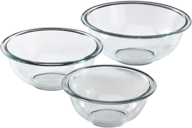 Pyrex Smart Essentials Glass Mixing Bowls, (3-Piece Set) 946mL, 1.4L and 2.3L