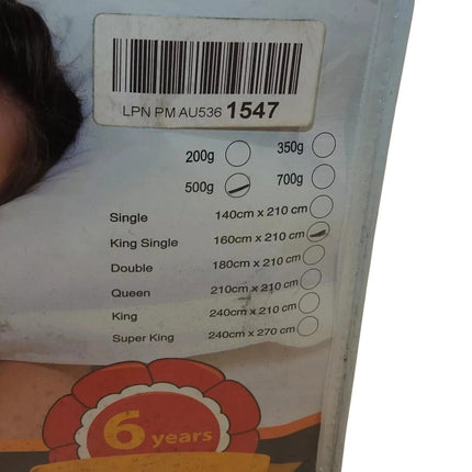 Australian Made Washable Merino Wool Quilt/Doona/Duvet 500GSM  King Single