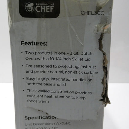 Commercial Chef 3 Qt Cast Iron Dutch Oven with Skillet Lid CHFL3CC