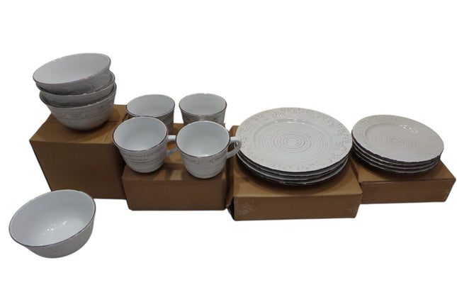 Pfaltzgraff Trellis White 16-Piece Dinnerware Set, Service for 4, Distressed Whi