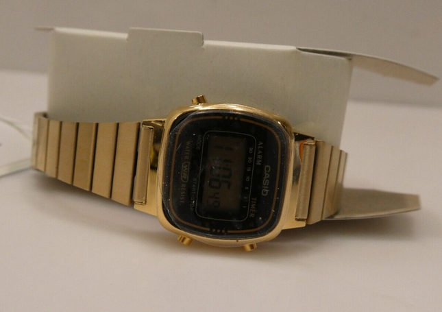 Casio LA670WGA-1UR Womens Black Digital Watch with Gold Band