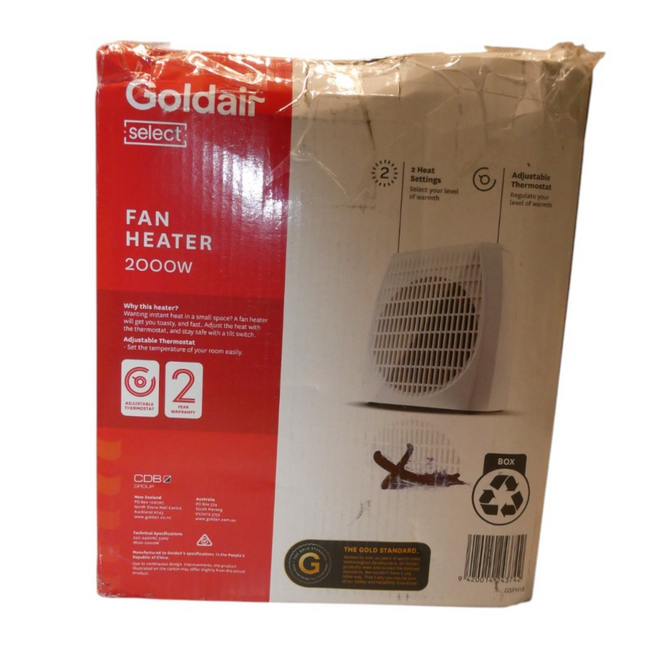 Goldair 2000W Upright Fan Heater with 2 Heat Settings and Adjustable Thermostat,