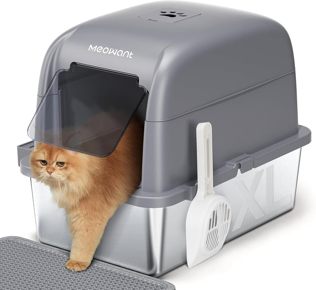 Meowant Stainless Steel Cat Litter Box with Lid, Extra Large Litter Box for Big