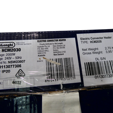 De'Longhi Portable Convection Heater 2000W HCM2030 - White (Dent)