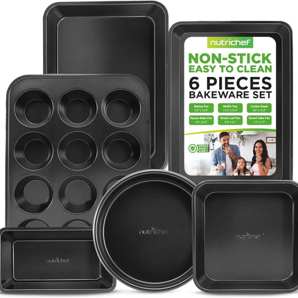 NutriChef 6-Piece Nonstick Baking Pans Set - Black Carbon Steel with Premium Non
