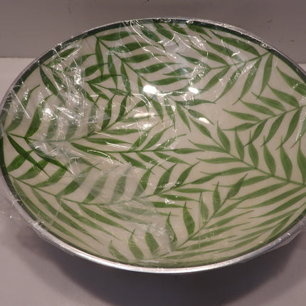 Boho Traders Round Bowl Palm Leaf Design Aluminium Round Bowl, Medium, Green/Whi