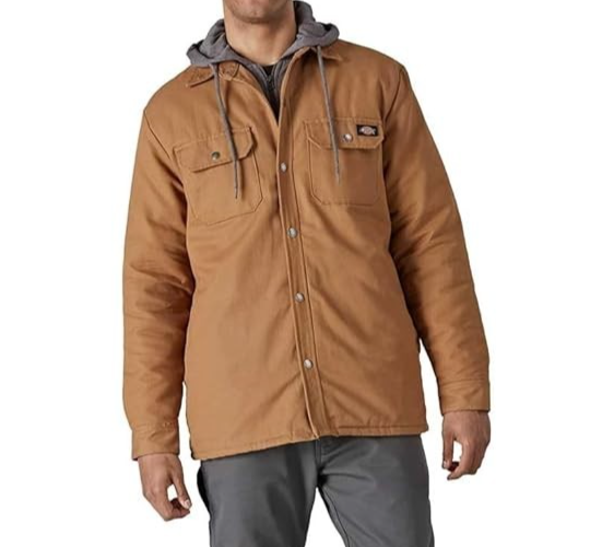 Dickies Men's Fleece Hooded Duck Shirt Jacket With Hydroshield, Brown Duck, X-Sm