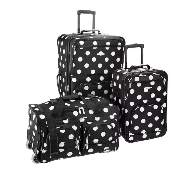 Rockland Vara Softside 3-Piece Upright Luggage Set, Black dot, 3-Piece Set