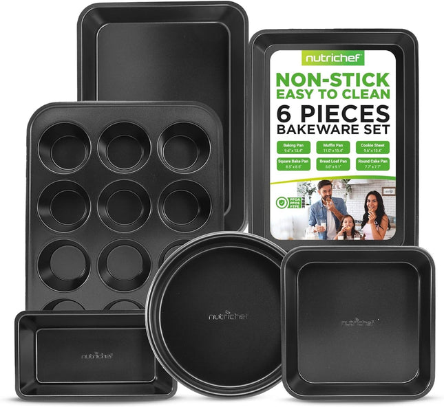NutriChef 6-Piece Nonstick Baking Pans Set - Black Carbon Steel with Premium Non
