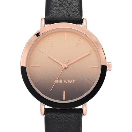 Nine West Women's Strap Watch, Black/Rose Gold, Two-Tone Bezel