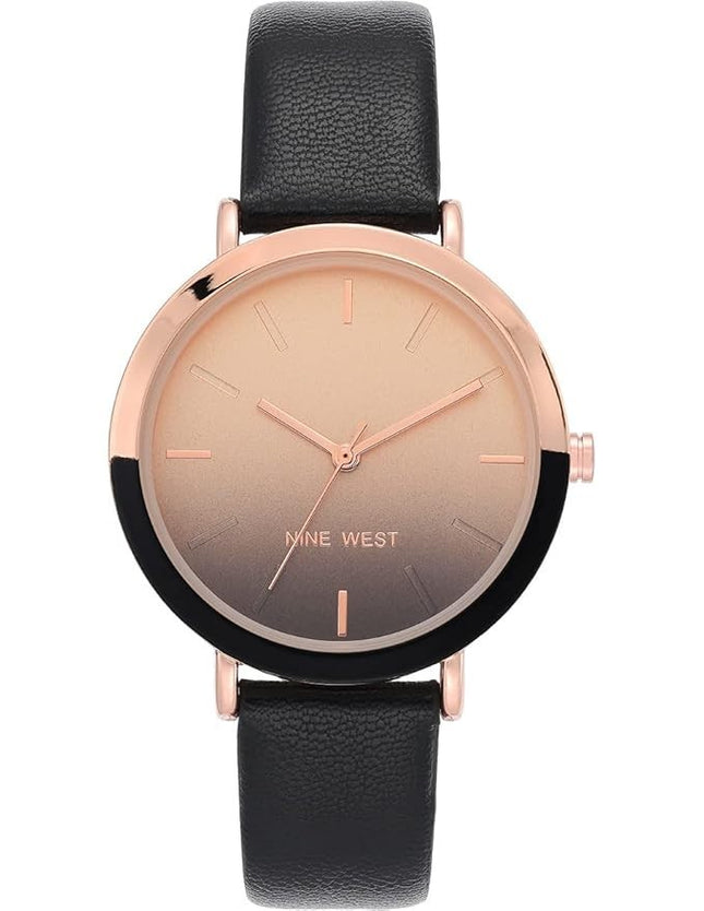 Nine West Women's Strap Watch, Black/Rose Gold, Two-Tone Bezel