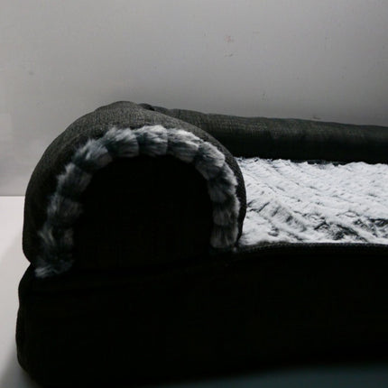 Furhaven Pet Dog Bed Orthopedic Plush Luxe Faux Fur and Performance Linen - M