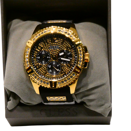 GUESS Comfortable Gold-Tone Black Stain Resistant Silicone Watch with Crystal Em