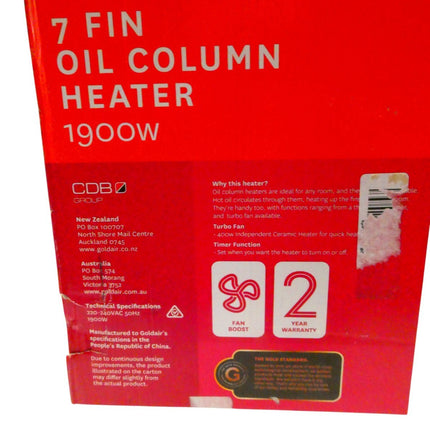 Goldair 1900W 7 Fin Dual Tech Oil Column Heater with 3 Heat Settings, 24-Hour Ti