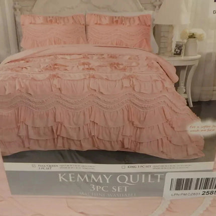 Lush Decor Kemmy Quilt - Ruffled Textured 3 Piece Full Queen Size Bedding Set, P