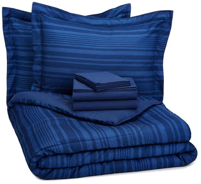 Amazon Basics Lightweight Microfiber Bed-in-a-Bag Comforter 7 Piece, King - Blue
