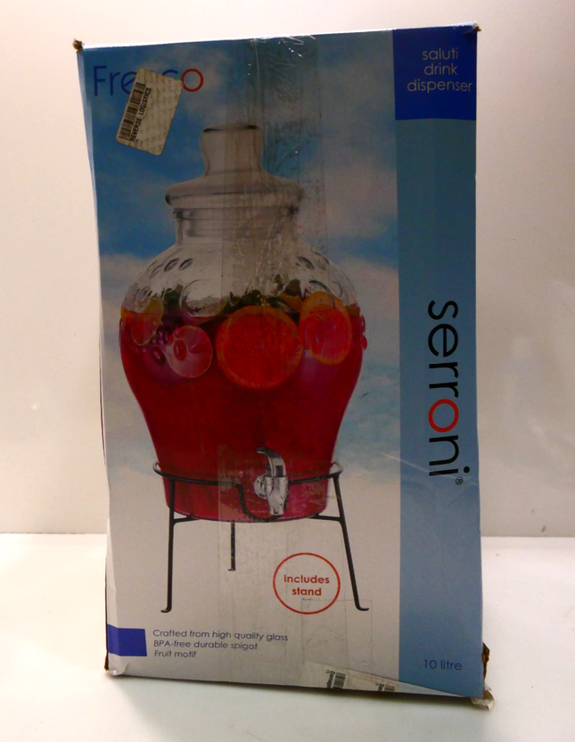 Serroni Soda Glass Beverage Dispenser with Stainless Steel Stand, 10 Litre Capac