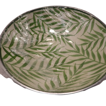 Boho Traders Round Bowl Palm Leaf Design Aluminium Round Bowl, Medium, Green/Whi