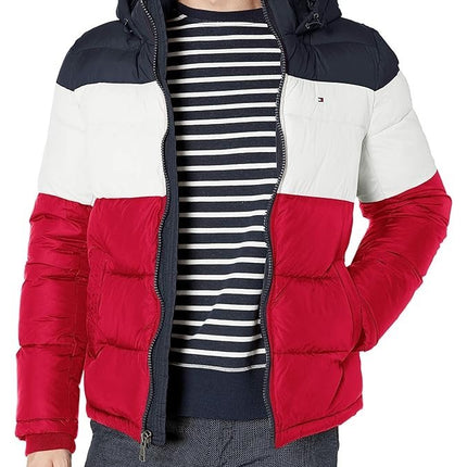 Tommy Hilfiger Men's Hooded Puffer Jacket, Midnight/White/Red, XX-Large Tall