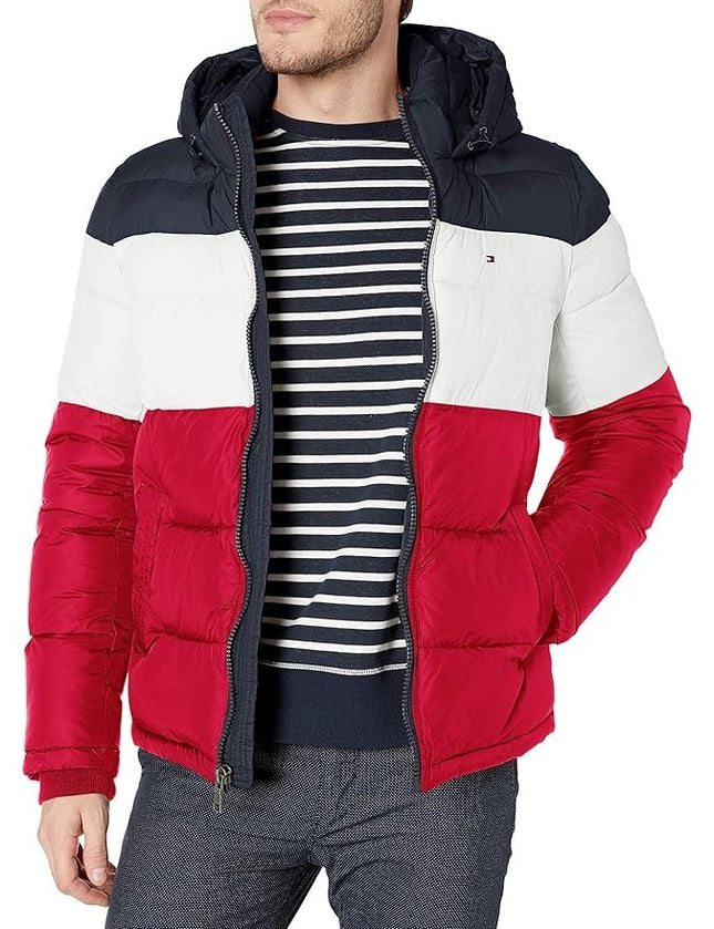 Tommy Hilfiger Men's Hooded Puffer Jacket, Midnight/White/Red, XX-Large Tall
