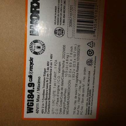 Worx WG184.9 40V Power Share 13" Cordless String Trimmer&Wheeled Edger Tool Only