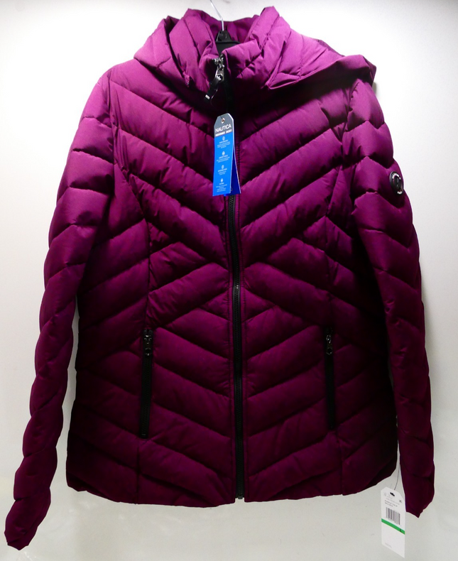 Nautica Women's Short Stretch Lightweight Puffer Jacket with Removeable Hood, L