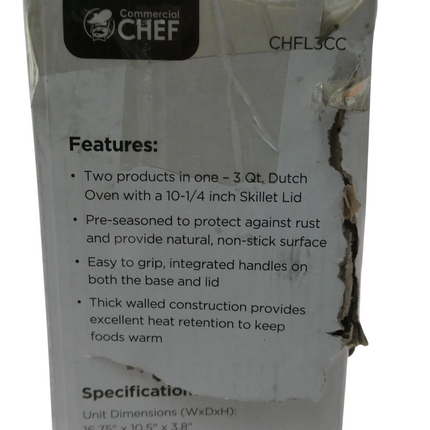 Commercial Chef 3 Qt Cast Iron Dutch Oven with Skillet Lid CHFL3CC
