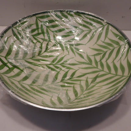 Boho Traders Round Bowl Palm Leaf Design Aluminium Round Bowl, Medium, Green/Whi