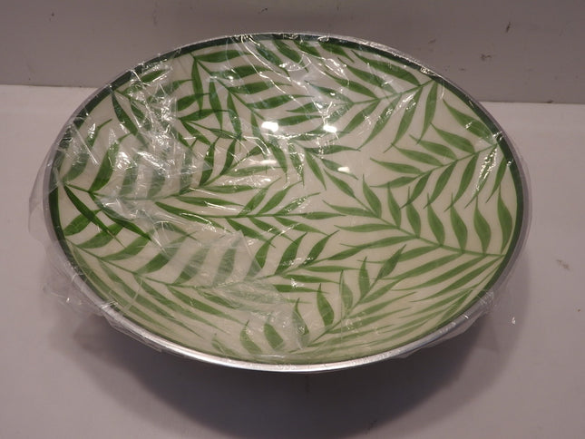 Boho Traders Round Bowl Palm Leaf Design Aluminium Round Bowl, Medium, Green/Whi